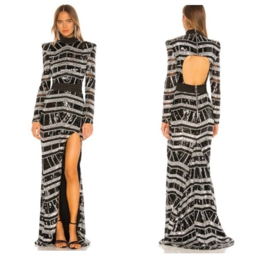 Zhivago Black and Silver Sequin Open-Back Maxi Gown